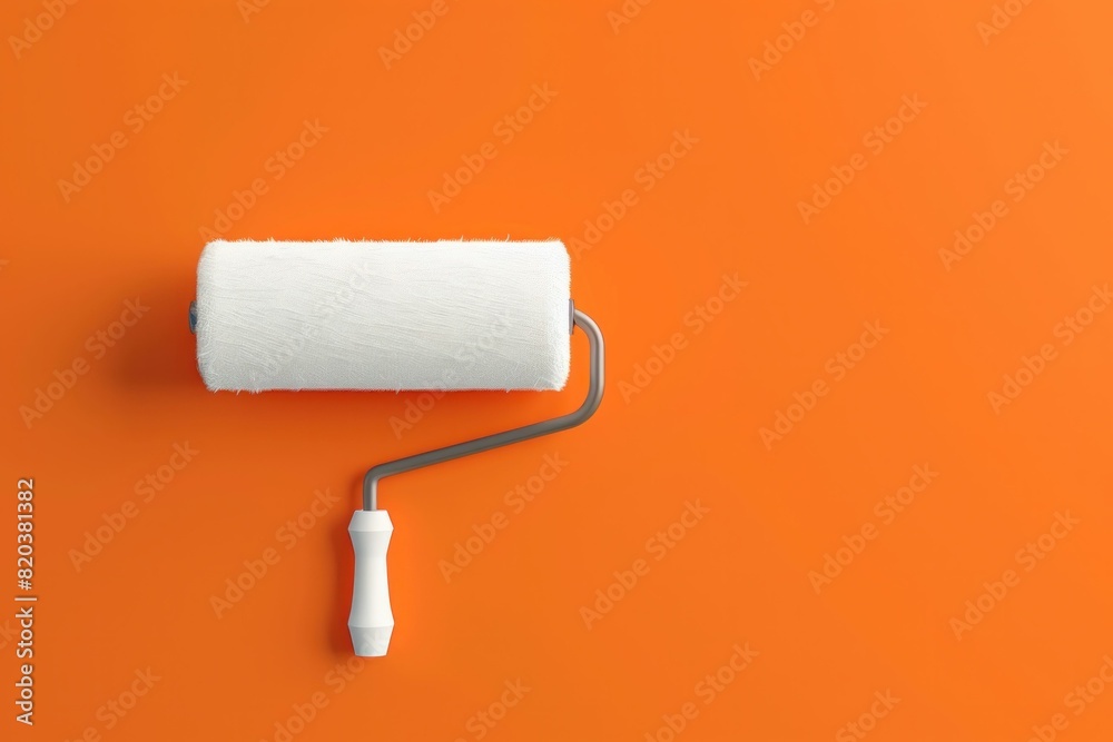 Obraz premium Paint roller on vibrant orange background with space for text or logo for business promotion or art projects