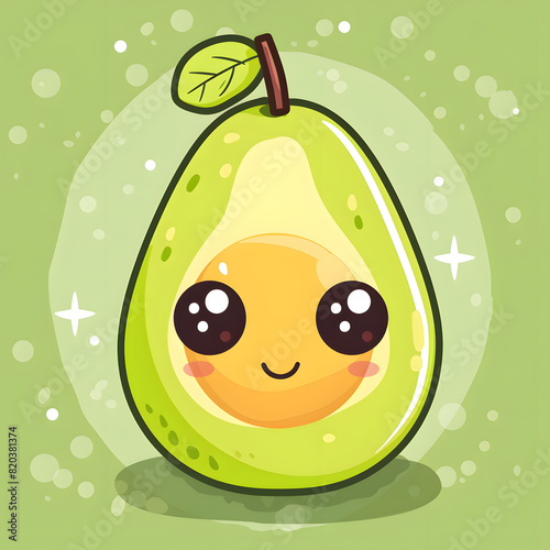 Fruit organism with a smile, plant leaf, on green background, happy avocado