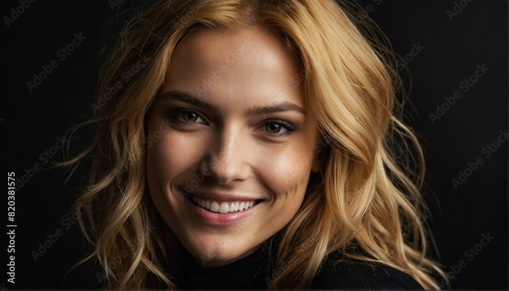 smiling gold haired model woman close up portrait on plain black background from Generative AI smiling gold haired model woman close up portrait on plain black background from Generative AI