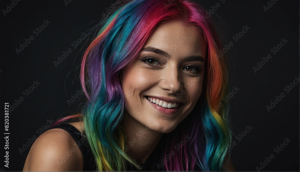 smiling rainbow haired model woman close up portrait o on plain black background from Generative AI