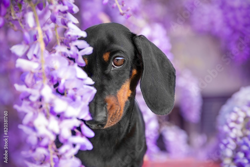 Portrait of cute dachshund dog hiding in the flowers of lilac hycinia liana looks sadly with tender gaze Additional pet on walk in spring, flowering trees, allergies, toxic plants Colorful spring card