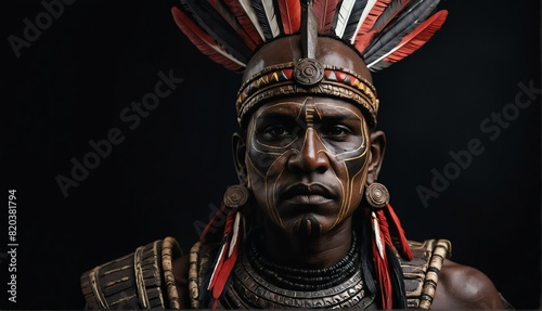 tribal warrior statue close up portrait on plain black background from Generative AI