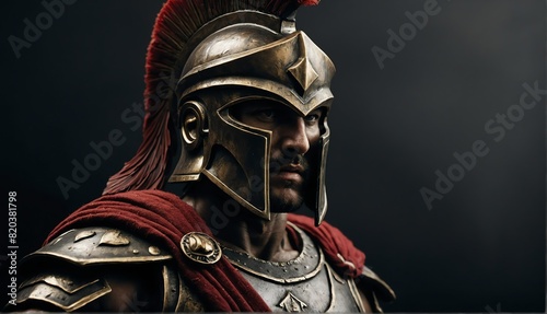 spartan warrior statue close up portrait on plain black background from Generative AI © Arceli