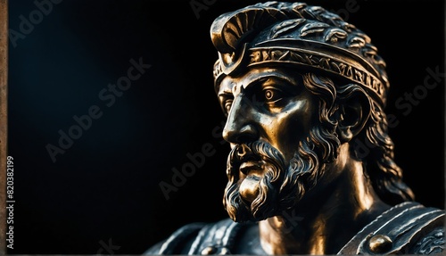 greek warrior statue close up portrait on plain black background from Generative AI