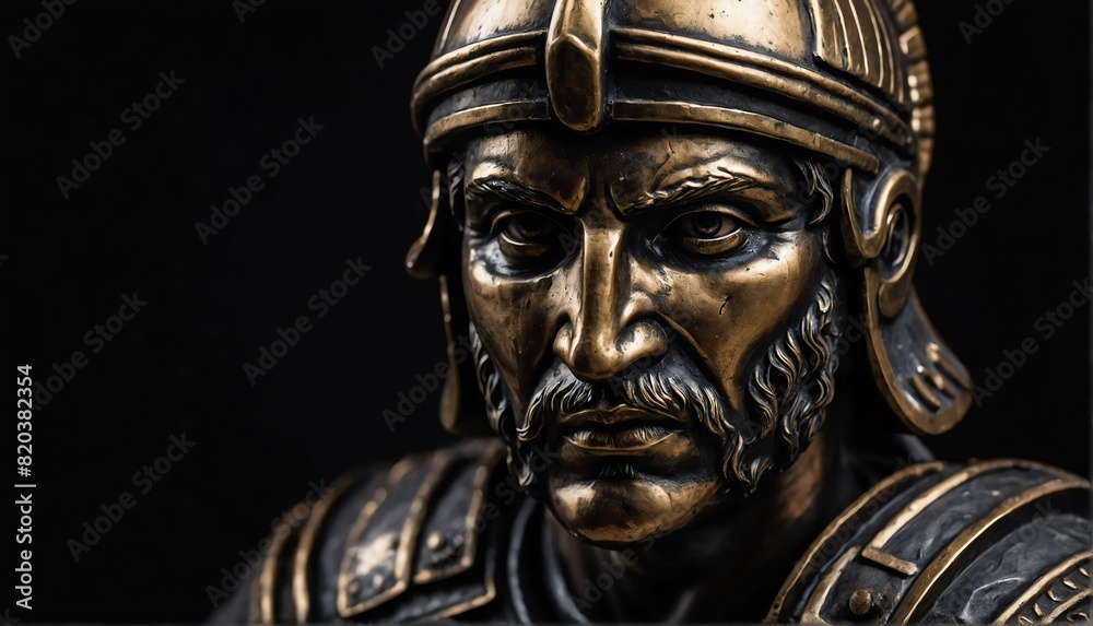 roman warrior statue close up portrait on plain black background from Generative AI