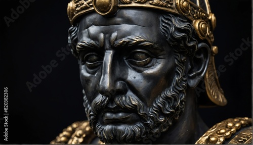 roman emperor statue close up portrait on plain black background from Generative AI © Arceli