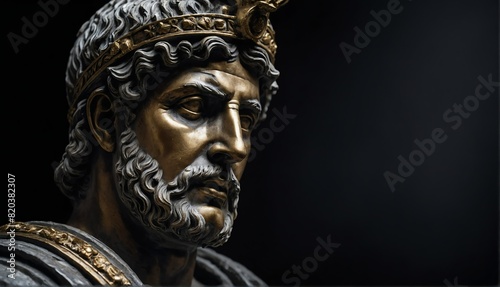 roman emperor statue close up portrait on plain black background from Generative AI