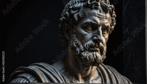 roman scholar statue close up portrait on plain black background from Generative AI