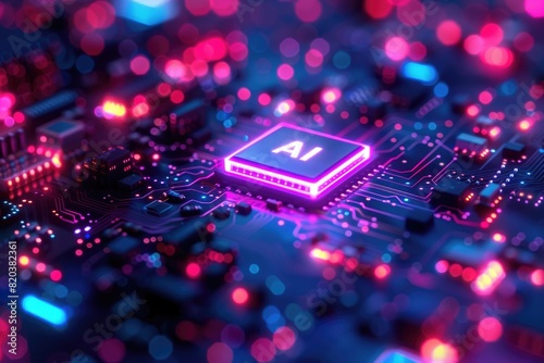 Artificial Intelligence (AI) concept, Abstract AI processor and quantum computer background.