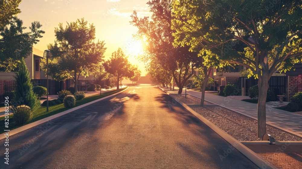 An Empty Street With A Garden And Tarmac Floor At Sunrise, Capturing The Tranquility Of Dawn, High Quality An Empty Street With A Garden And Tarmac Floor At Sunrise, Capturing The Tranquility Of Dawn, High Quality