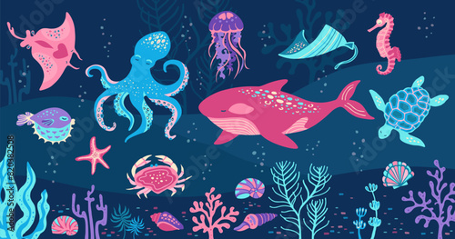 Ocean sea animals hand drawn cartoon illustration art. Marine comic children design jellyfish, seashell seahorse, fish. Nautical undersea starfish, turtle octopus, crab, whale, medusa vector flat set © neliakott
