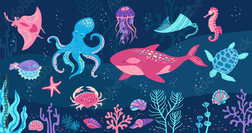 Ocean sea animals hand drawn cartoon illustration art. Marine comic children design jellyfish, seashell seahorse, fish. Nautical undersea starfish, turtle octopus, crab, whale, medusa vector flat set