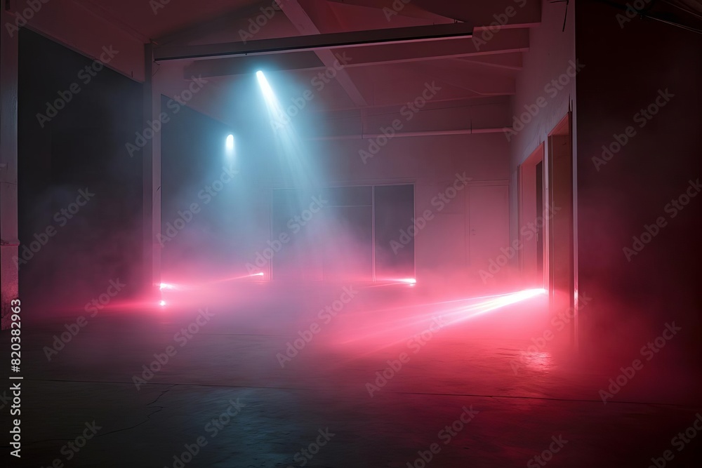 Neon light beams in a smoky room