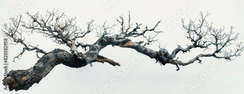 A large  dead tree branch is suspended in midair against a white background