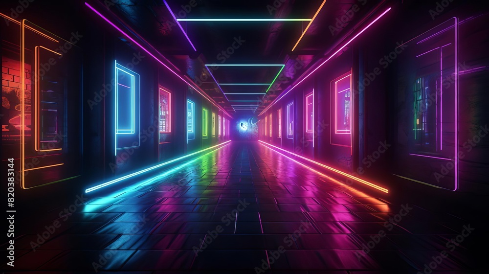 Neon pathways in a dark hallway
