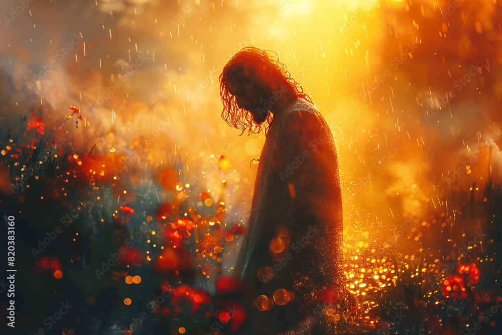 Naklejka premium Jesus Guiding Path at Sunset