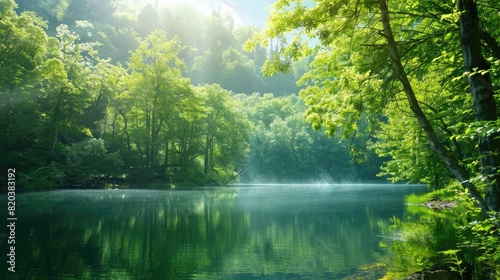 Environmental conservation concept with forest and lake