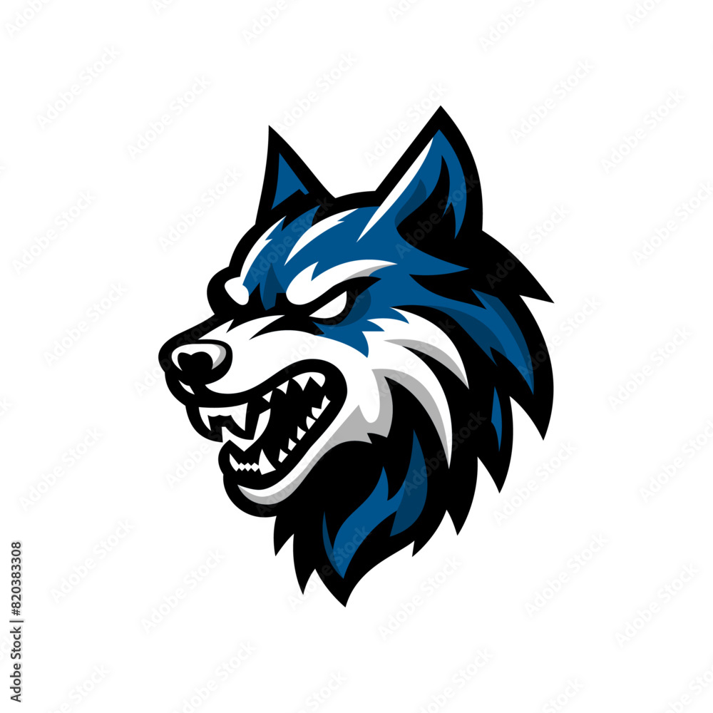 Blue Wolf Head Mascot, Aggressive Stance with Sharp Teeth, Sports Team Emblem Design Blue Wolf Head Mascot, Aggressive Stance with Sharp Teeth, Sports Team Emblem Design