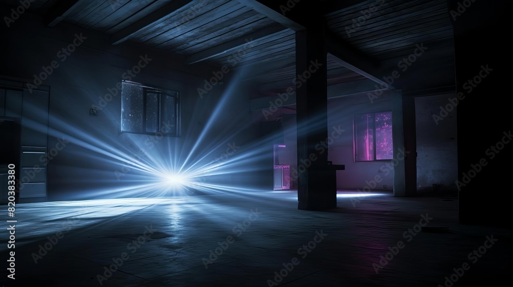 Neon spotlight beams in a dark room
