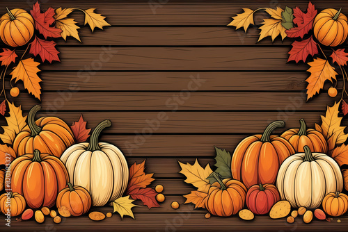 Thanksgiving illustration: Apples, pumpkins, fallen leaves on wood. Room for text. Halloween, Thanksgiving, or seasonal backdrop.