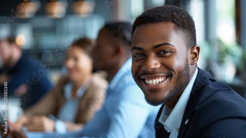 Closeup of a smiling young African American businessman discussing work while during a meeting with diverse colleagues in an office lounge. Stock Photo photo