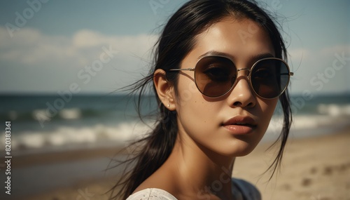 beautiful asian woman portrait on summer beach vacation with sunglasses and bright sunshine from Generative AI