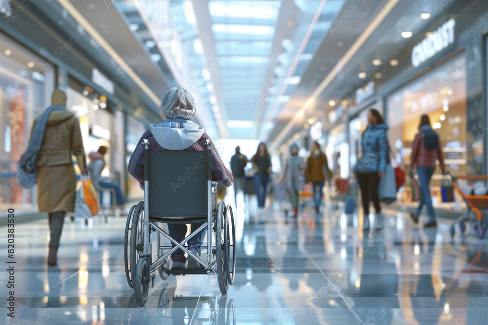 A man in a wheelchair is walking through a mall A man in a wheelchair is walking through a mall