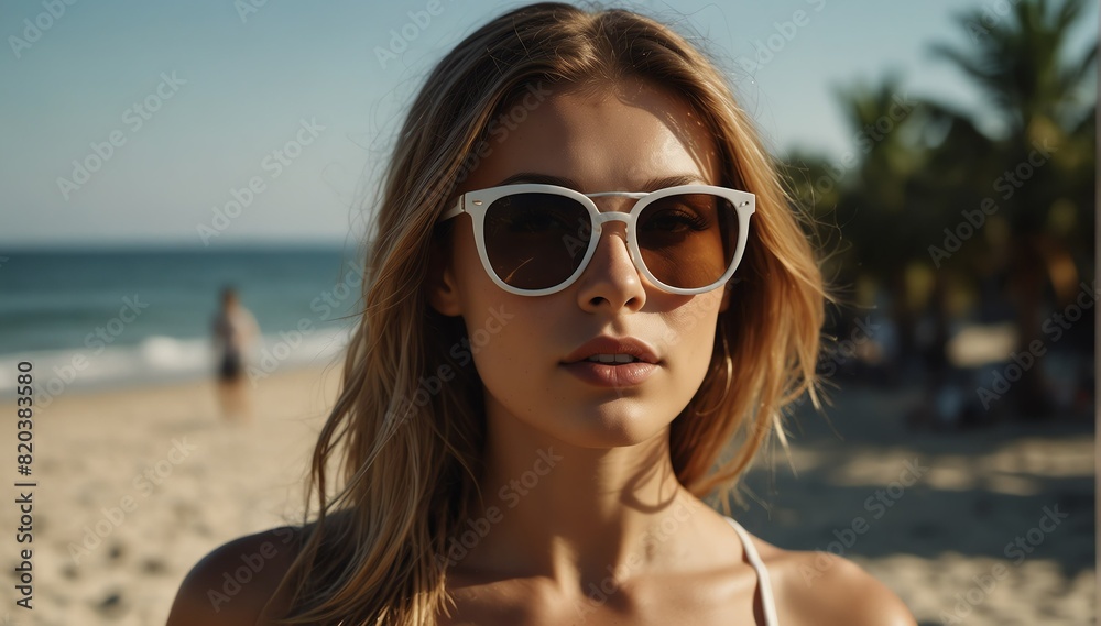 beautiful caucasian woman portrait on summer beach vacation with sunglasses and bright sunshine from Generative AI