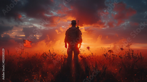 Soldier with USA Flag at Sunrise