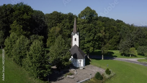 Drone flight over the Kronberg Chapel, Sankt Georgen im Attergau, Salzkammergut, Upper Austria, Austria, Europe photo