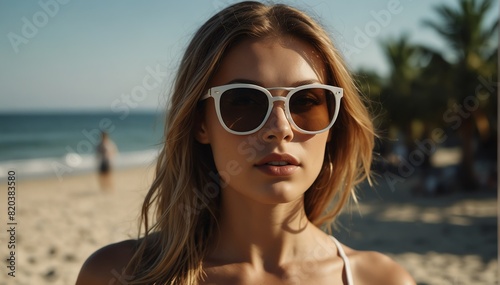 beautiful caucasian woman portrait on summer beach vacation with sunglasses and bright sunshine from Generative AI © Arceli