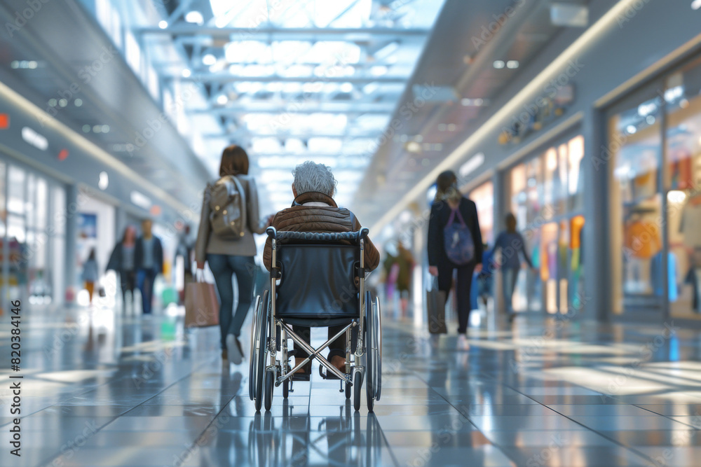 A man in a wheelchair is walking through a mall with other people A man in a wheelchair is walking through a mall with other people