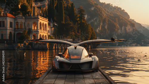 Sci-Fi Flying Car Parked on Docks Next to Lake with Villa in Background - GENERATIVE AI