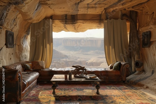 interior of cave with leather sofa and coffee table, warm lighting, desert landscape outside the window, photorealistic,
