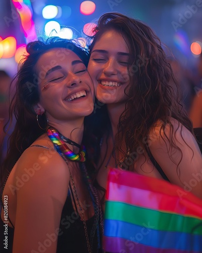 Happy woman kissing girl enclose with rainbow flag wearing on city street during LGBTQ Pride parade, LGBT motivation HyperRealistic photography, 24mm, f28 photo