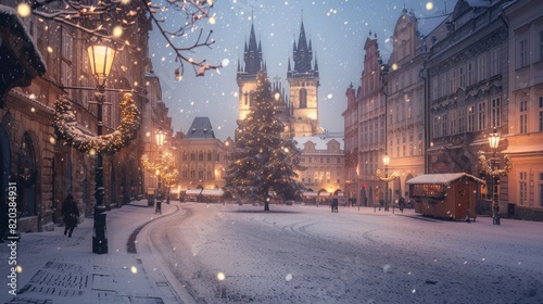 Christmas Mood on snowy Old Town Square, Prague, Czech Republic