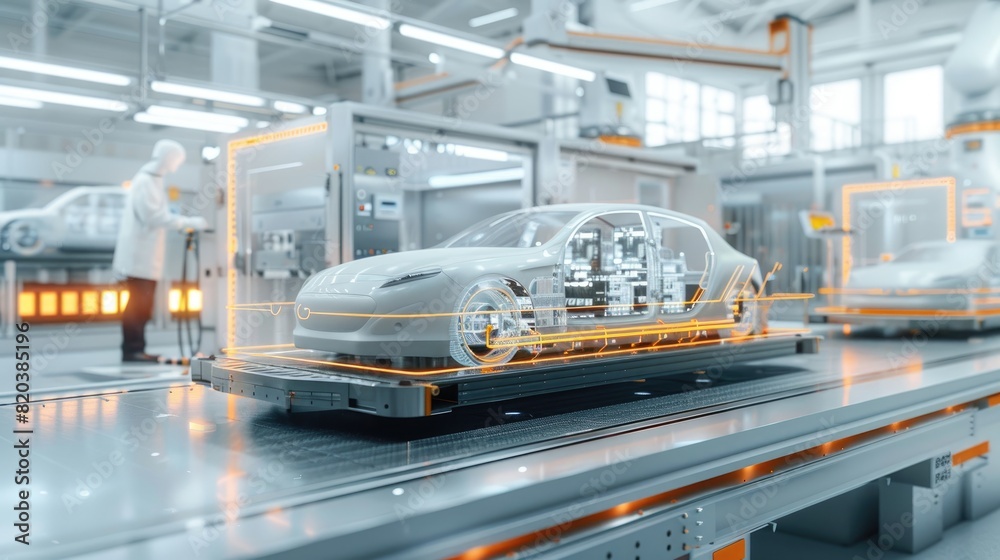 An electric vehicle battery unit in a modern industrial factory. EV trends. Production factory. An electric vehicle battery unit in a modern industrial factory. EV trends. Production factory.