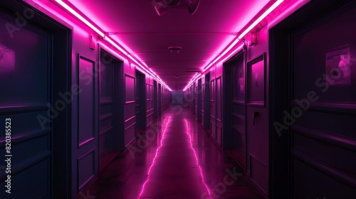 Pink neon lights in a dark corridor photo