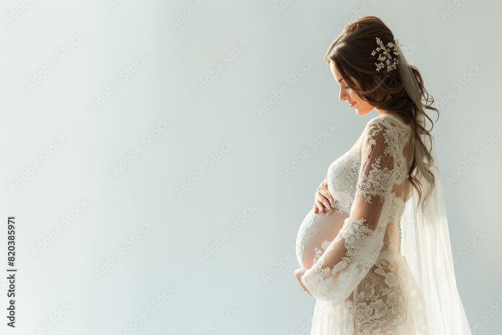 Naklejka premium A pregnant woman stands in front of a white background wearing a white gown