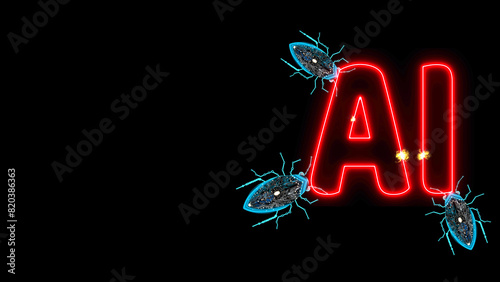 Futuristic digital Bug attack AI red text and mirco processer circuit on the black screen photo
