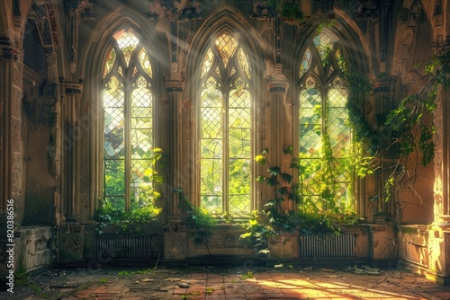 Inside an abandoned gothic castle  broken windows with ivy and plants growing through them  warm light coming in through the windows  ornate wall art