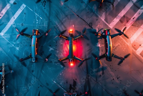 Racing drones top view highlighting speed and maneuverability technology tone Triadic Color Scheme photo