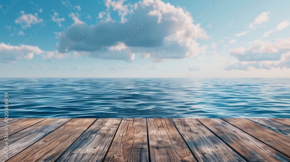 Fototapeta premium A Wooden Pier With A Blue Sea And Sky Background, Capturing The Serene And Tranquil Setting, High Quality