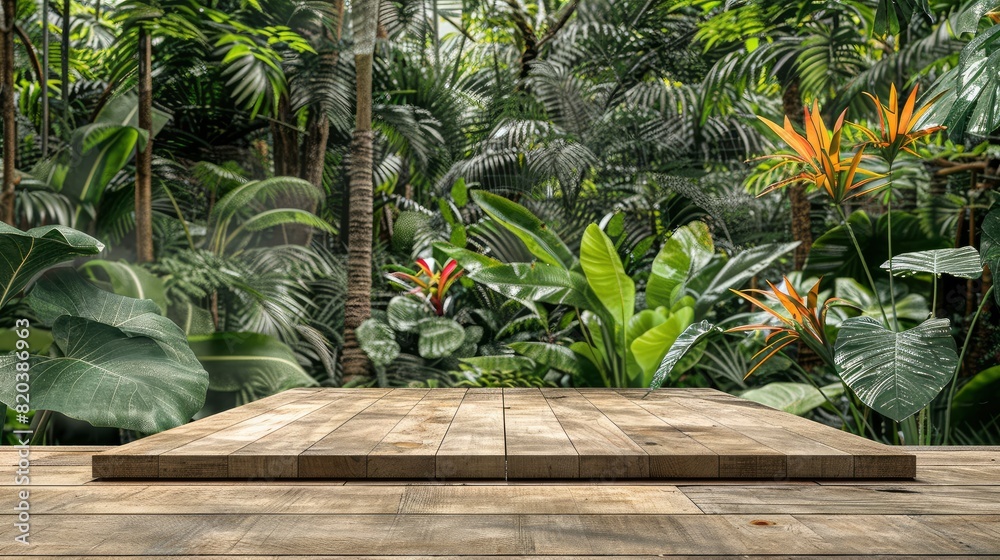 Obraz premium A Wooden Platform Set In A Garden Background, Perfect For Showcasing Products In A Natural Setting, High Quality