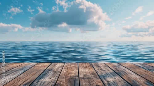 A Wooden Pier With A Blue Sea And Sky Background  Capturing The Serene And Tranquil Setting  High Quality