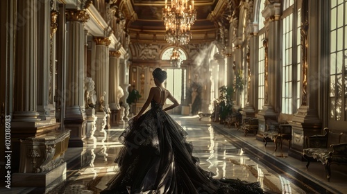 Elegant woman in black dress standing in luxurious hallway with chandeliers Fashion and beauty concept in ornate interior photo