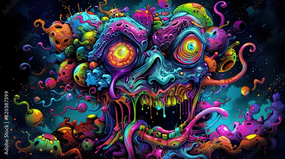 Colorful monster heads frazzled with hearts and eyes, in surrealism chaotic composition style, Colorful Monster Hand Drawn Art. surrealism Colorful monster heads frazzled with hearts and eyes, in surrealism chaotic composition style, Colorful Monster Hand Drawn Art. surrealism