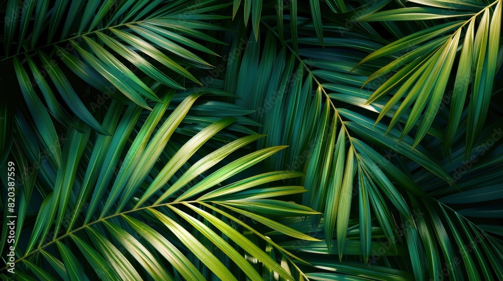 Abstract Green Background With Shadow Palm Leaves, Creating A Tropical And Lush Atmosphere, High Quality