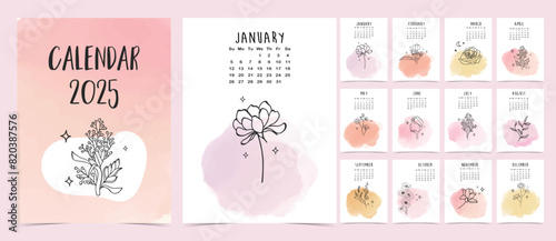 2025 table monthly calendar week start on Sunday with flower that use for vertical digital and printable A4 A5 size