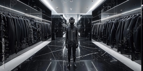 Luxury store with black leather jackets and jeans on hangers, mannequin wearing space suit in the center of photo, black marble floor, white lighting, minimalism, hyper realistic photography